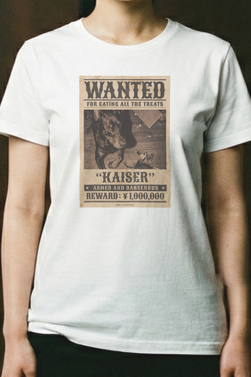 CASE 01 犬（ドーベルマン）WANTEDポスター カスタムTシャツ仕上がり例