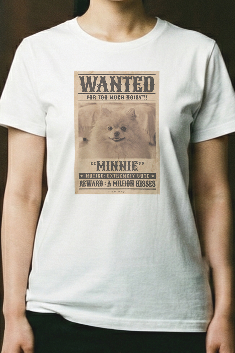 CASE 03 犬（ポメラニアン）WANTEDポスター カスタムTシャツ仕上がり例